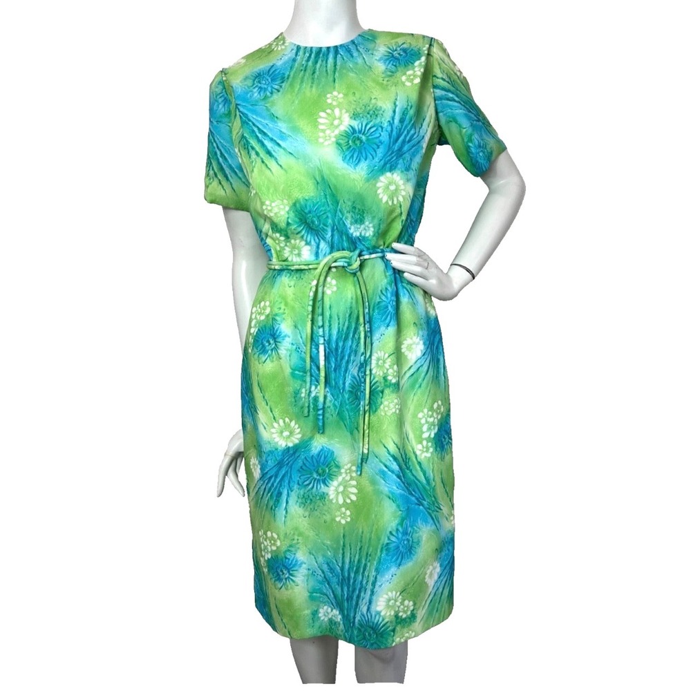 50s Neusteters Cocktail Dress Size Medium Watercolor Short Sleeve Midi Belt NEW